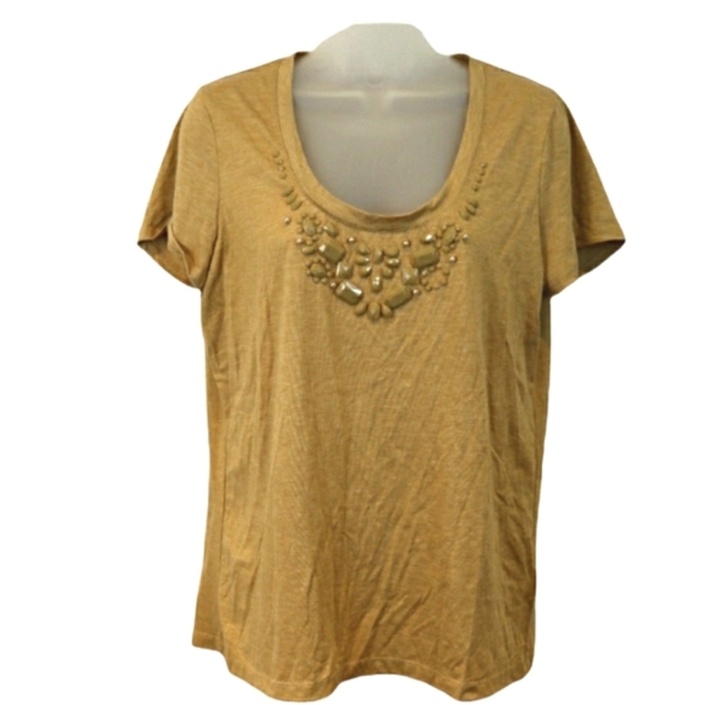 Ellen Tracy Tan Beaded Collar Top Large